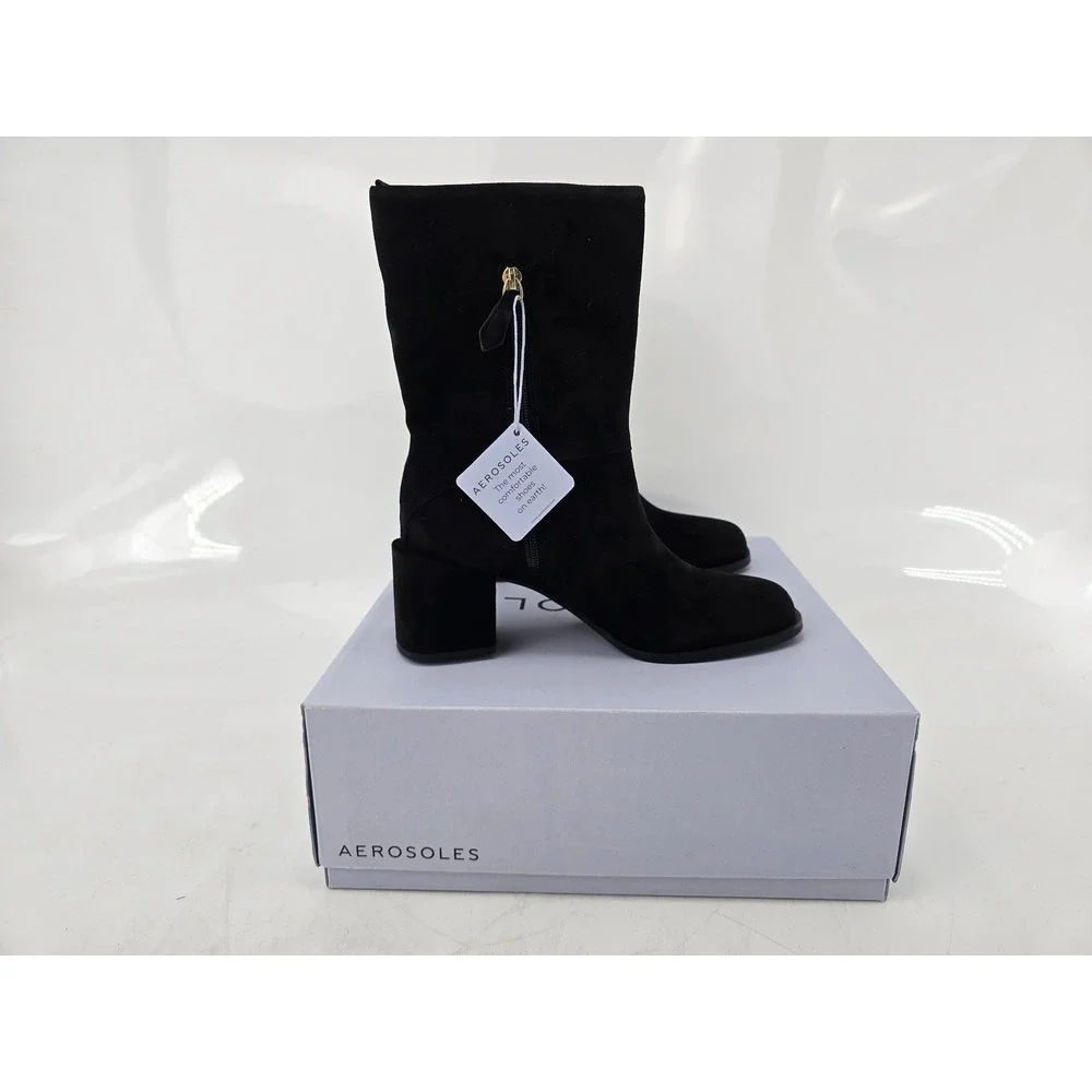 Aerosoles Oro Mid-Calf Boots Womens 8M Black Suede Block Heel -New